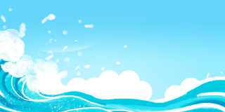 天蓝色夏日风手绘蓝色大海浪花清凉度假展板背景